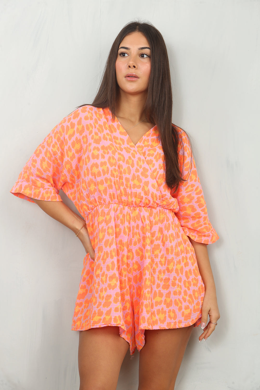 SURI Leopard Neon Cheesecloth Playsuit - Orange/Pink