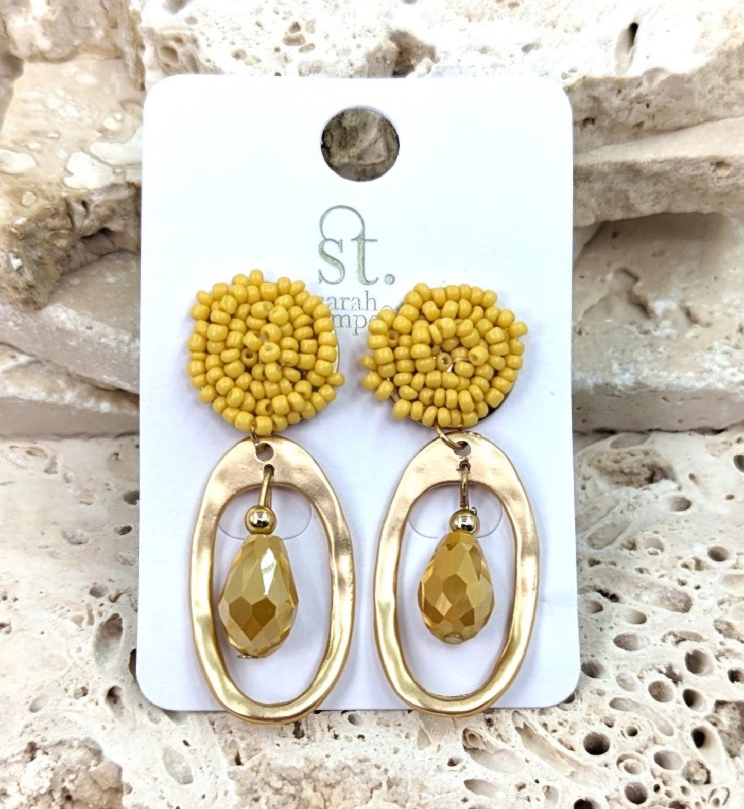 Bead Encrusted Oval Earrings - Gold/Yellow