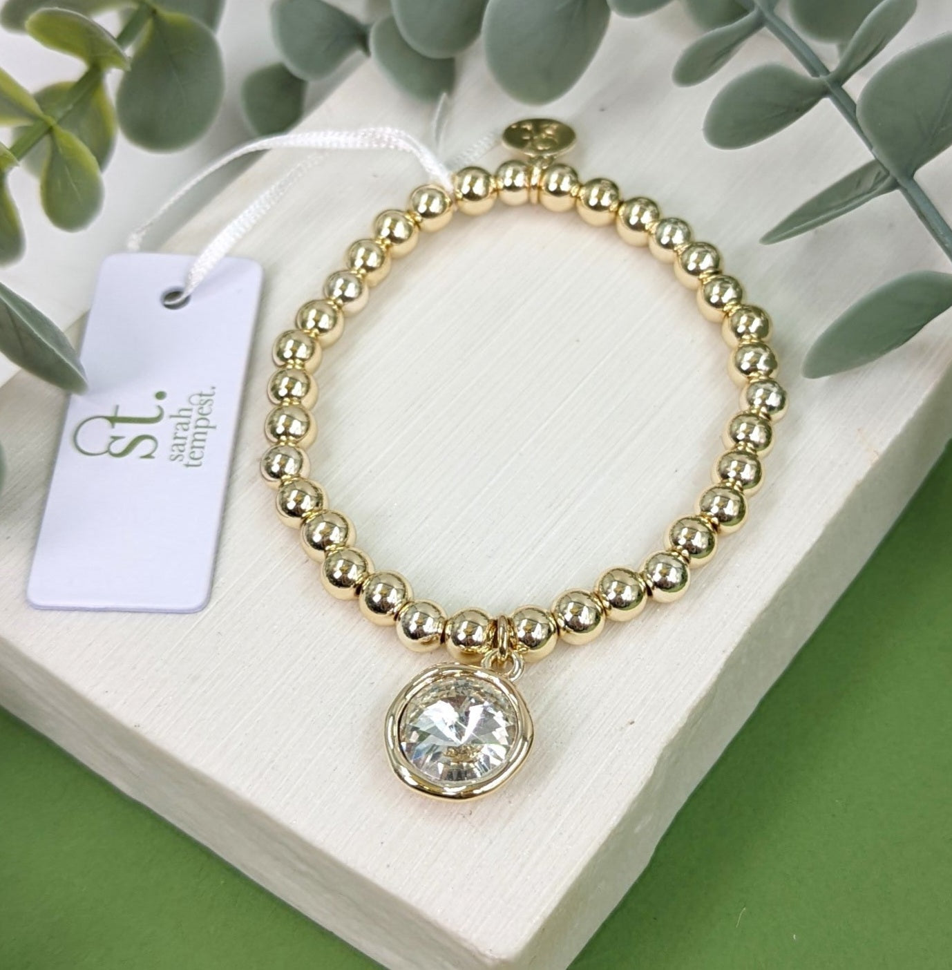 Beaded Bracelet with Crystal Charm - Gold