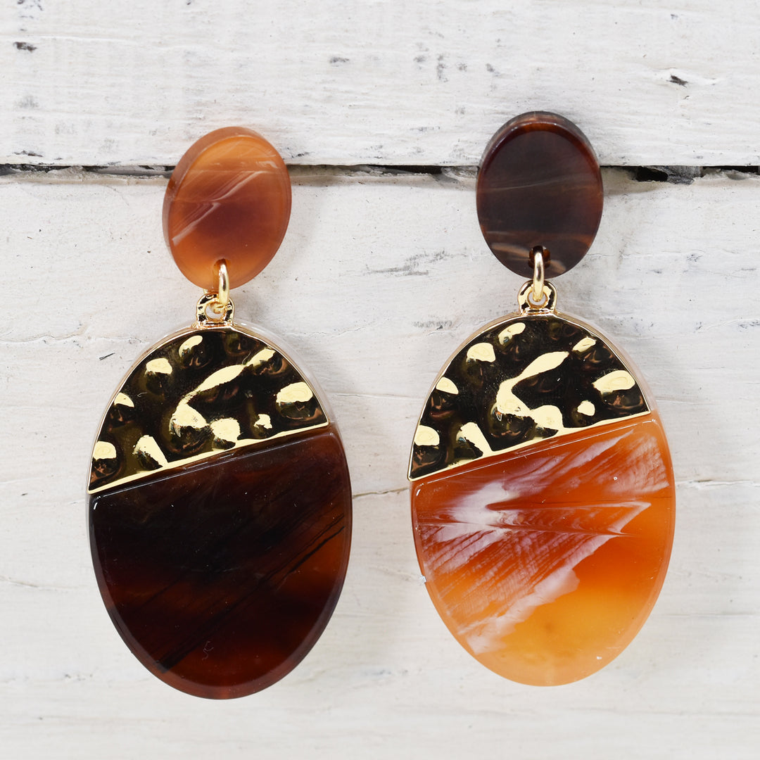 Oval Resin Earrings with Gold Trim - Coffee Mix