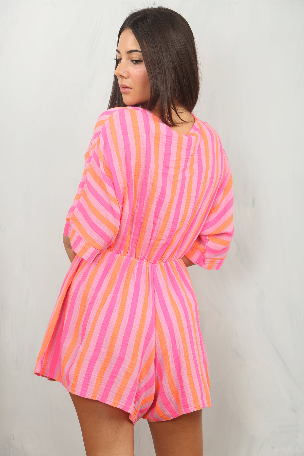 SURI Stripe Neon Cheesecloth Playsuit - Pink/Orange