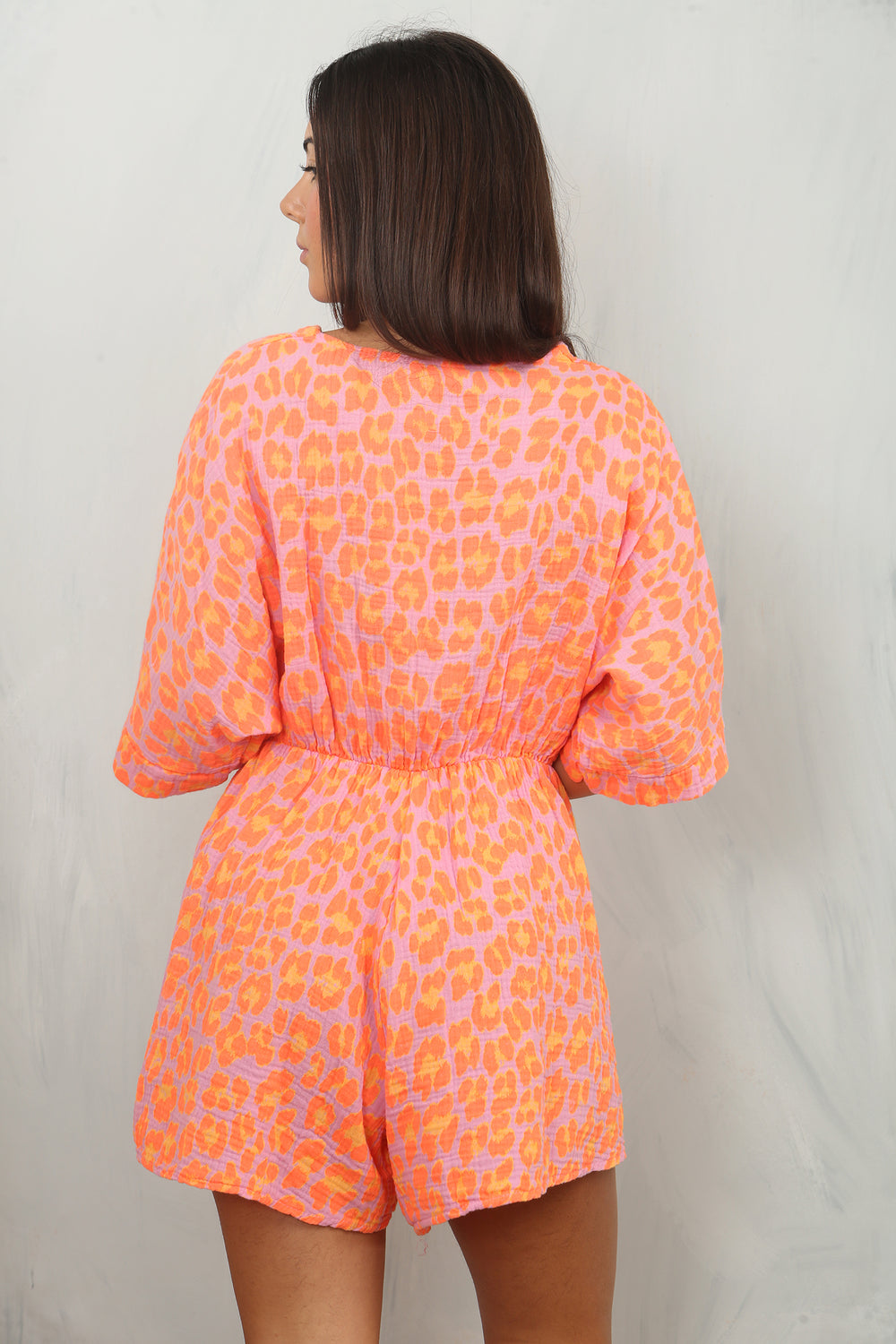 SURI Leopard Neon Cheesecloth Playsuit - Orange/Pink