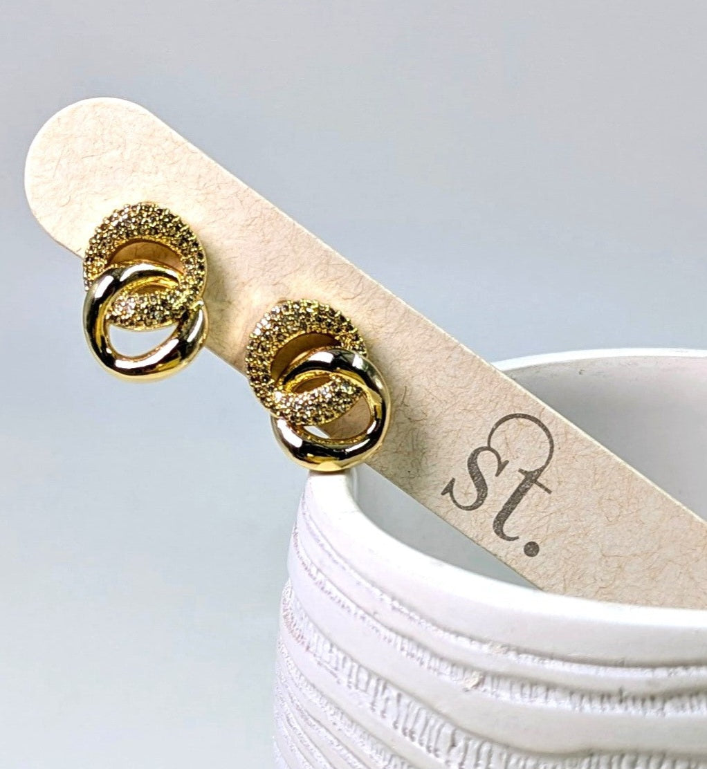 Plain & Encrusted Dual Link Earrings - Gold