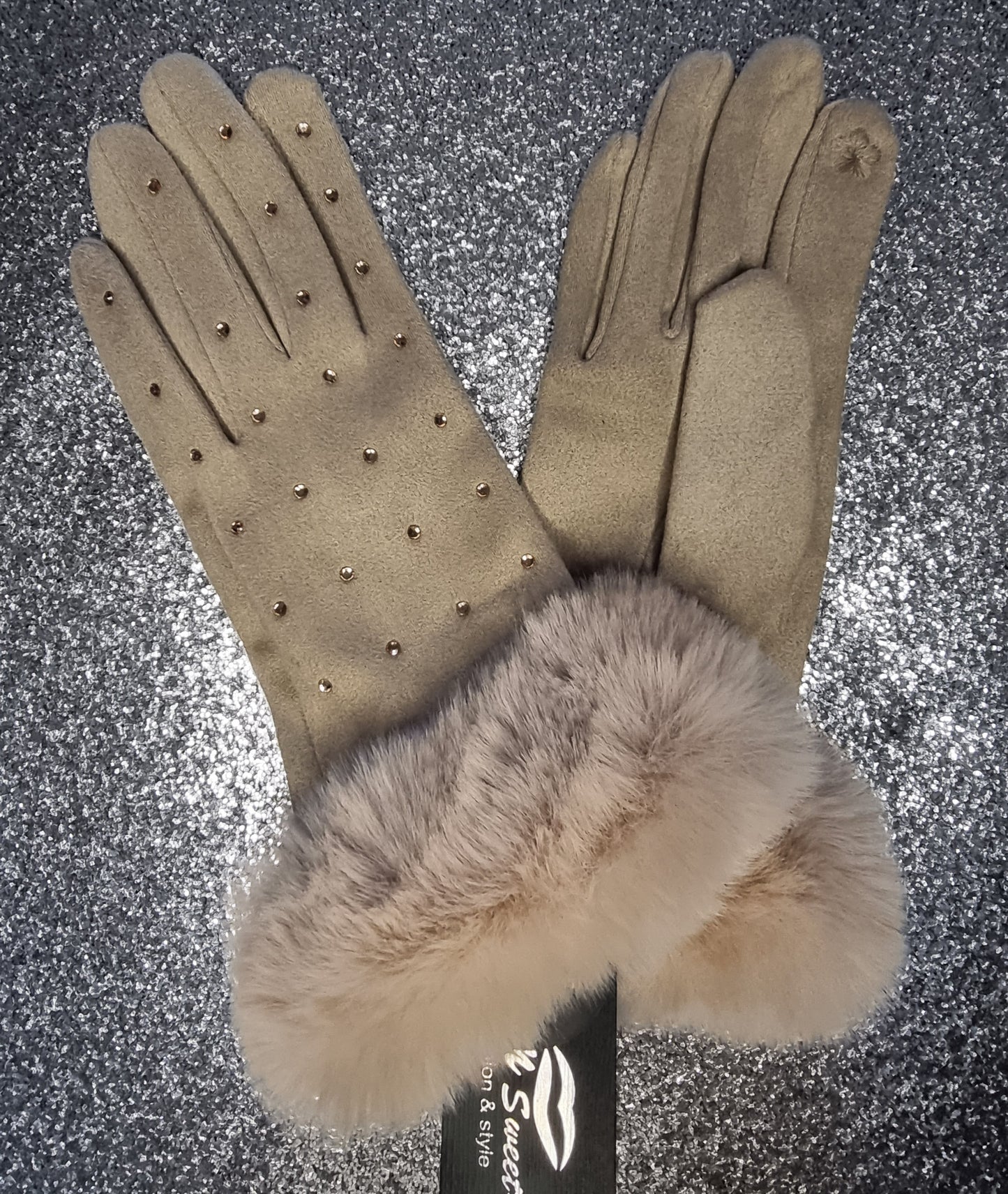 KATIE Suede Sparkle Faux Fur Gloves