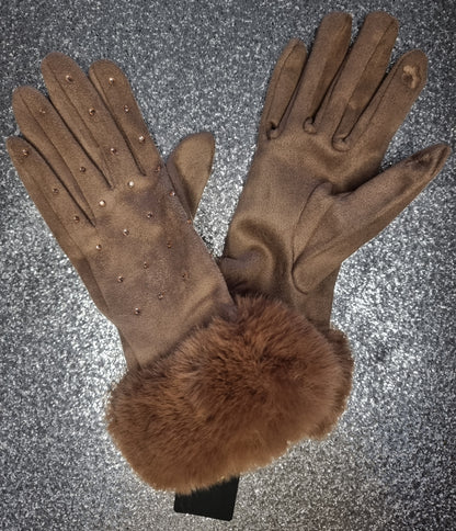 KATIE Suede Sparkle Faux Fur Gloves