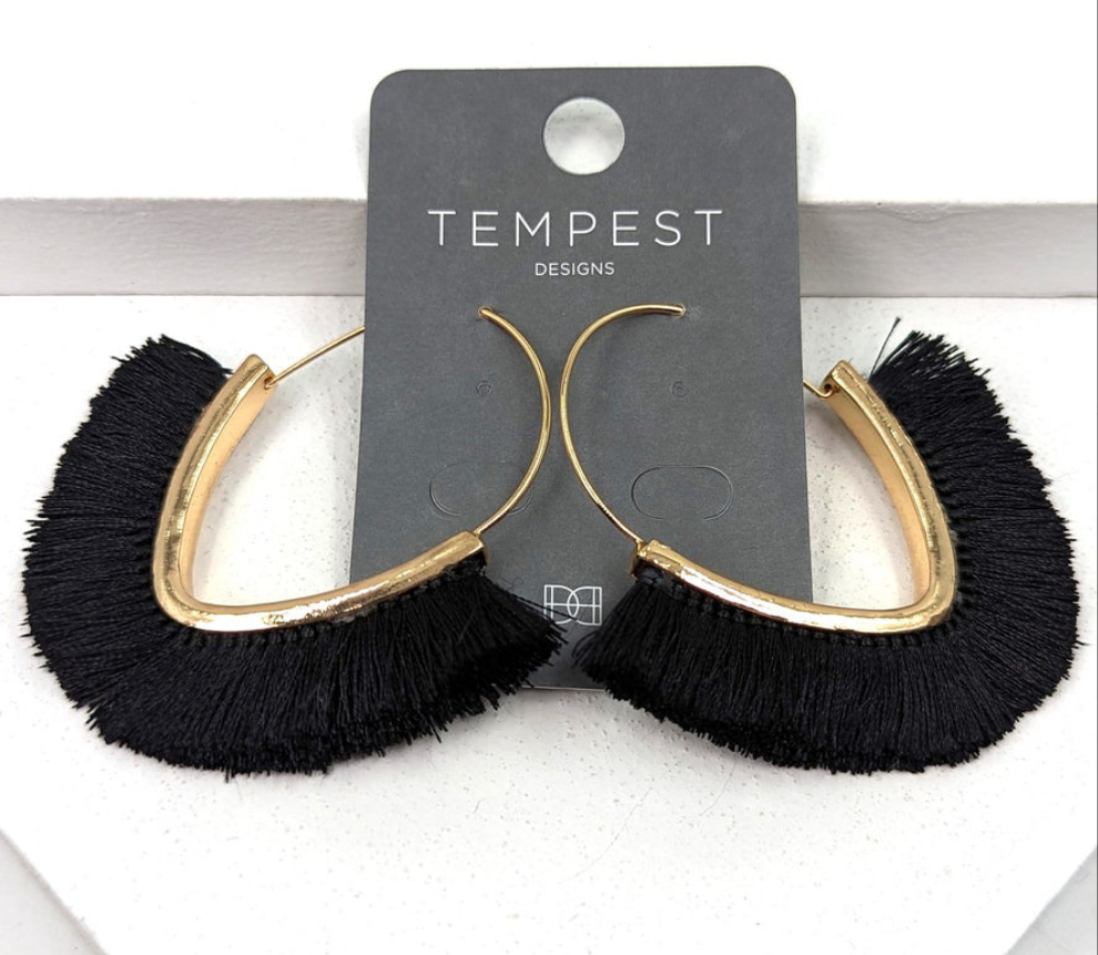 Gold Oval Hoops with Silky Fringe - Black