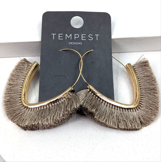 Gold Oval Hoops with Silky Fringe - Taupe