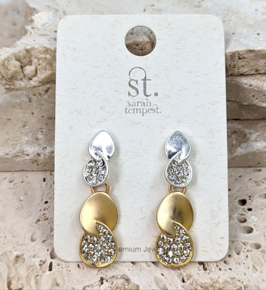 Merged Ovals Dangle Earrings with Crystals - Gold/Silver