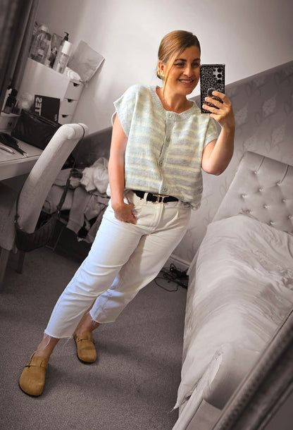 CHARLEY Striped Button Front Knit Top