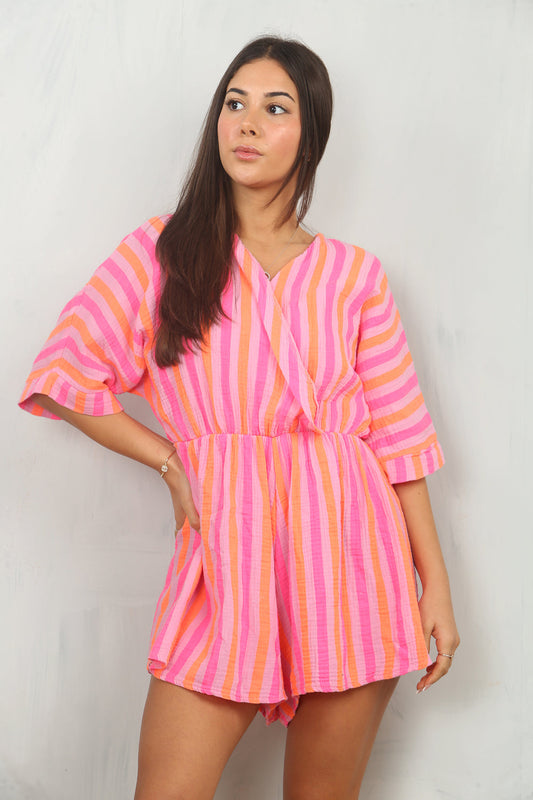 SURI Stripe Neon Cheesecloth Playsuit - Pink/Orange