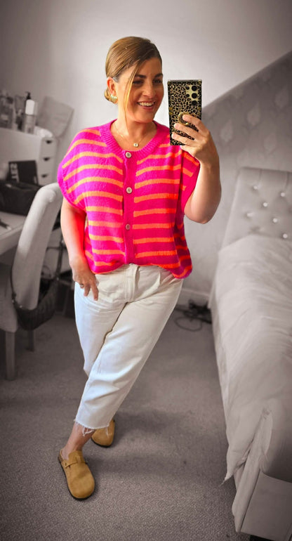 CHARLEY Striped Button Front Knit Top