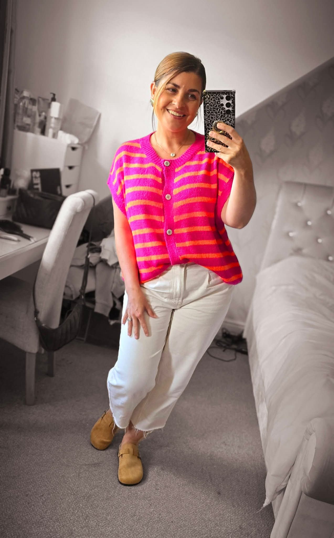 CHARLEY Striped Button Front Knit Top