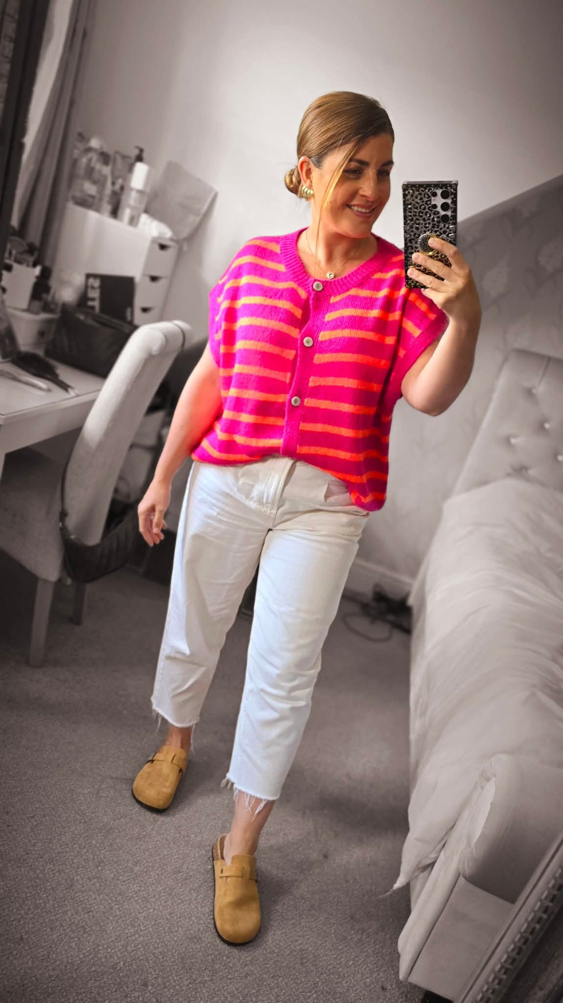 CHARLEY Striped Button Front Knit Top