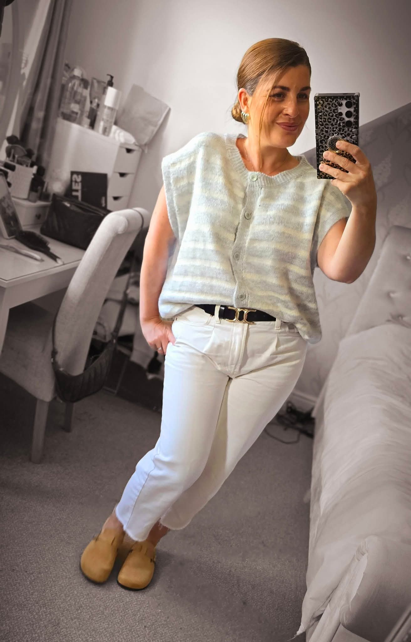 CHARLEY Striped Button Front Knit Top