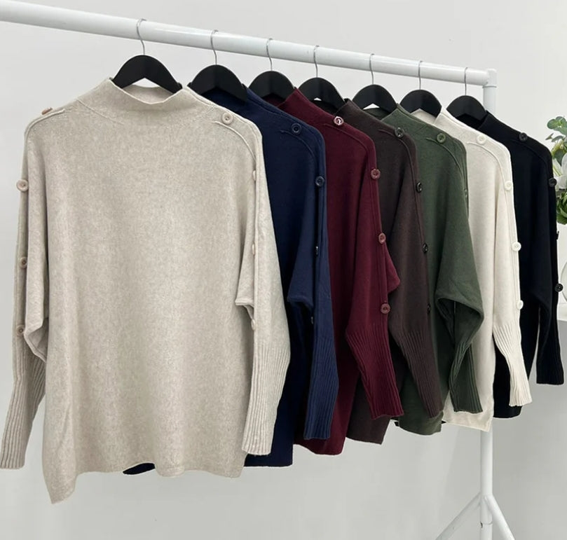 TILLIE High Neck/Button Sleeve Knit Jumper
