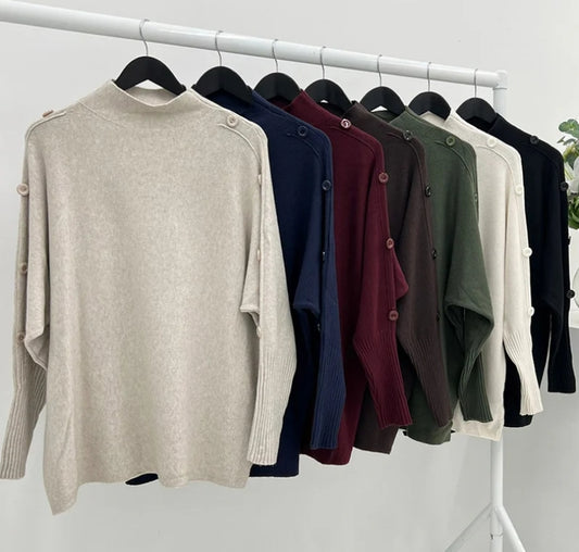 TILLIE High Neck/Button Sleeve Knit Jumper