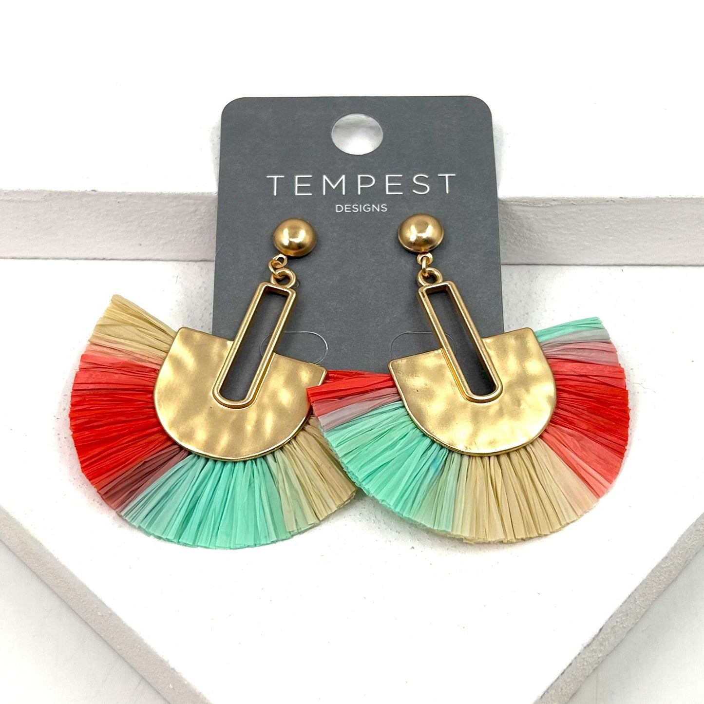 Fanned Raffeta Dangle Earrings - Coral/Turquoise/Nude