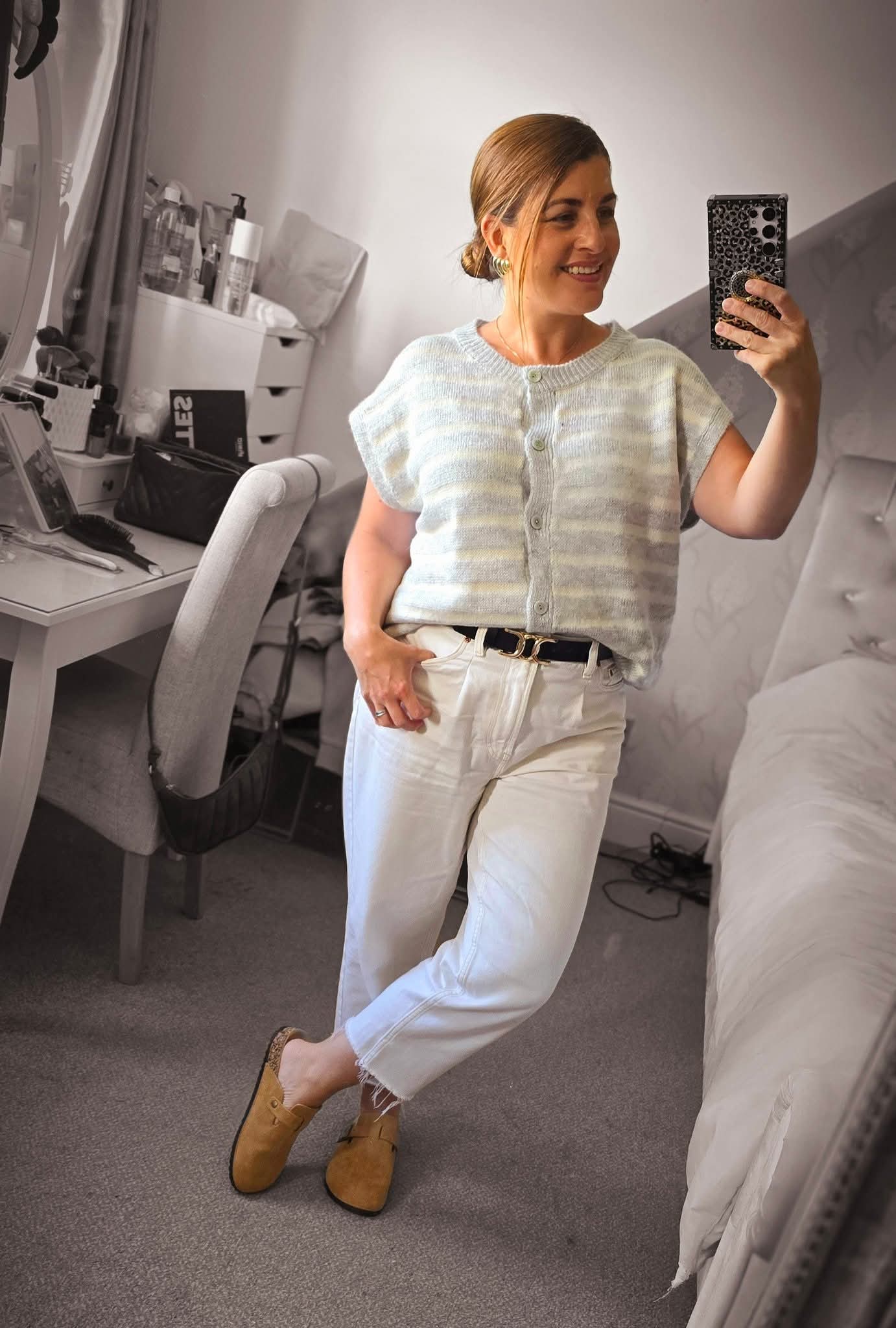 CHARLEY Striped Button Front Knit Top