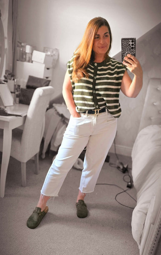 CHARLEY Striped Button Front Knit Top
